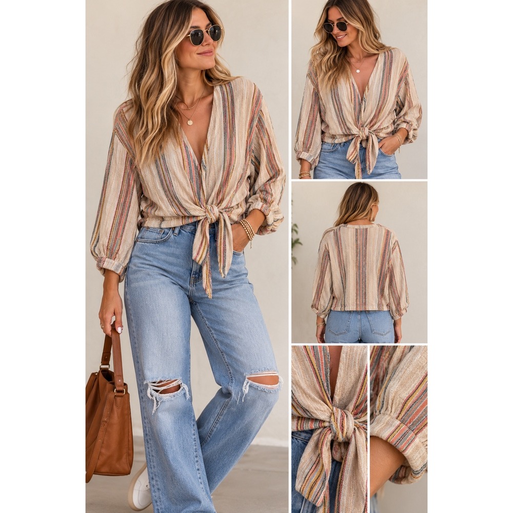 ONeill Womens Striped Long Sleeve Wrap Tie Front Cropped Top Multicolor Large